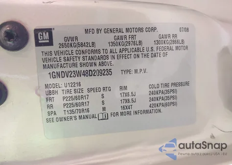 2008 Chevrolet Uplander Ls из США, поврежденный, VIN 1GNDV23W48D209235